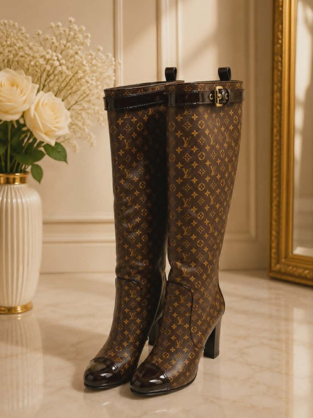 Authentic Louis Vuitton Monogram Silhouette Knee High Boots Brown Patent Leather